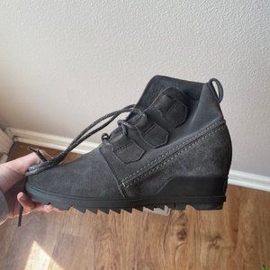 Grey suede wedge booties